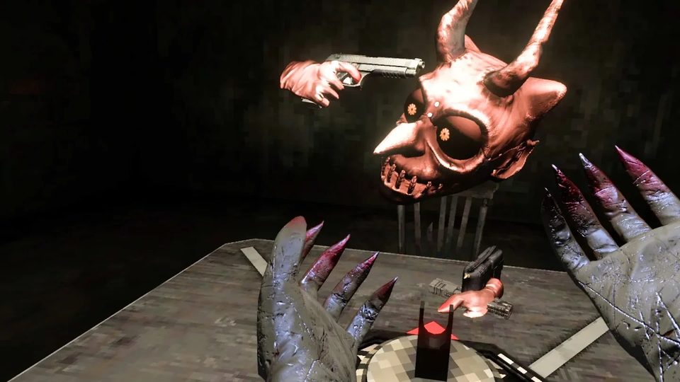 Скріншот гри Devil's Roulette: демонічний суперник за столом і револьвер
