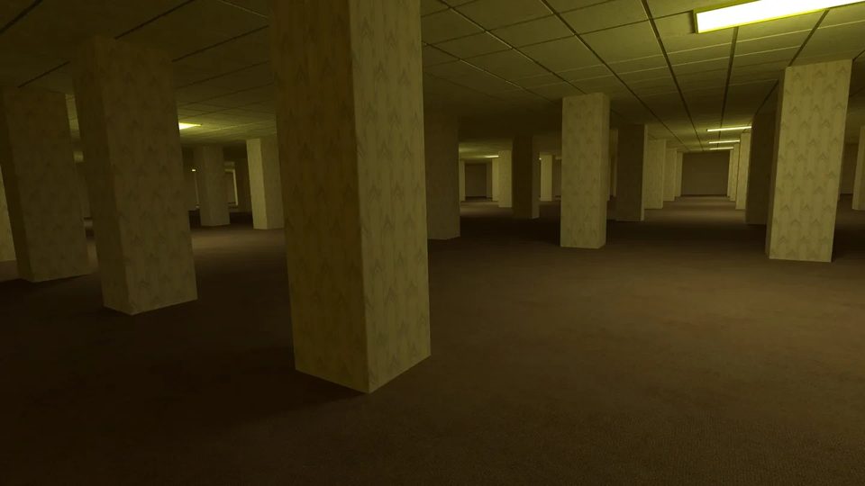 Скріншот гри Noclip VR: коридор Backrooms із жовтими стінами