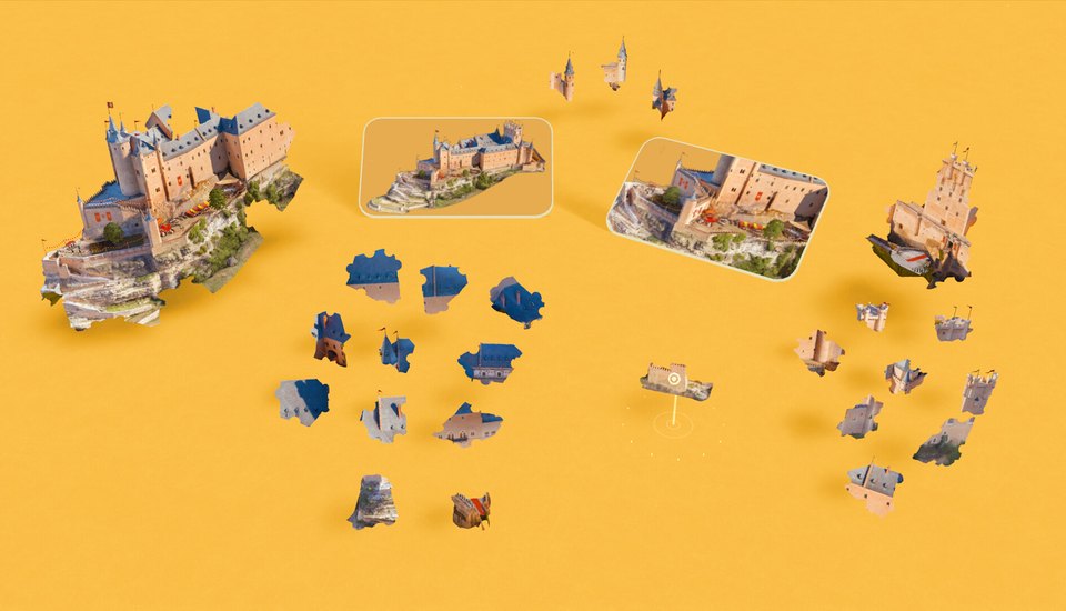 Обкладинка Puzzling Places: зібраний замок і розсипані об’ємні шматочки пазла на жовтому тлі